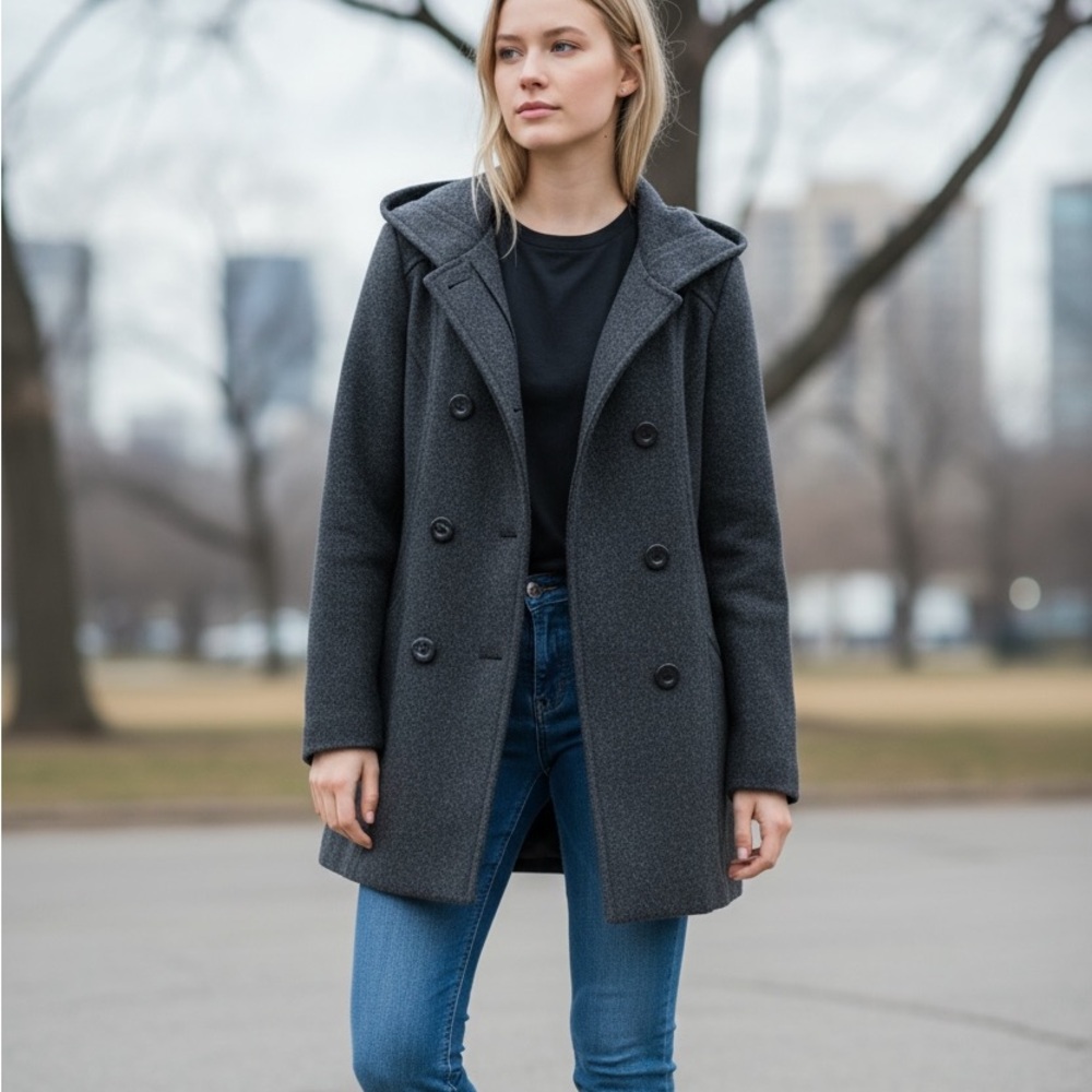 Cato Dark Gray Hooded Wool Pea Coat
